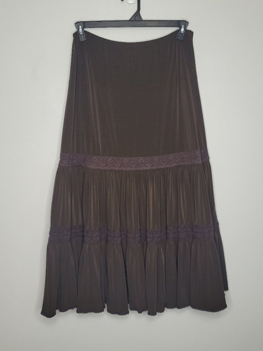 Vintage Nine West Brown Crochet Lace Trim Pleated Tiered Midi fairy skirt large